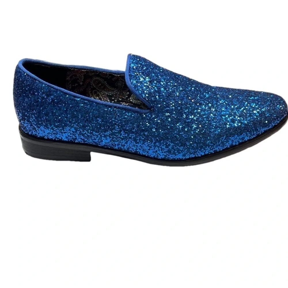 Enzo Romeo Men's Blue Glitter Slip On Tuxedo Dress Loafers Shoes
